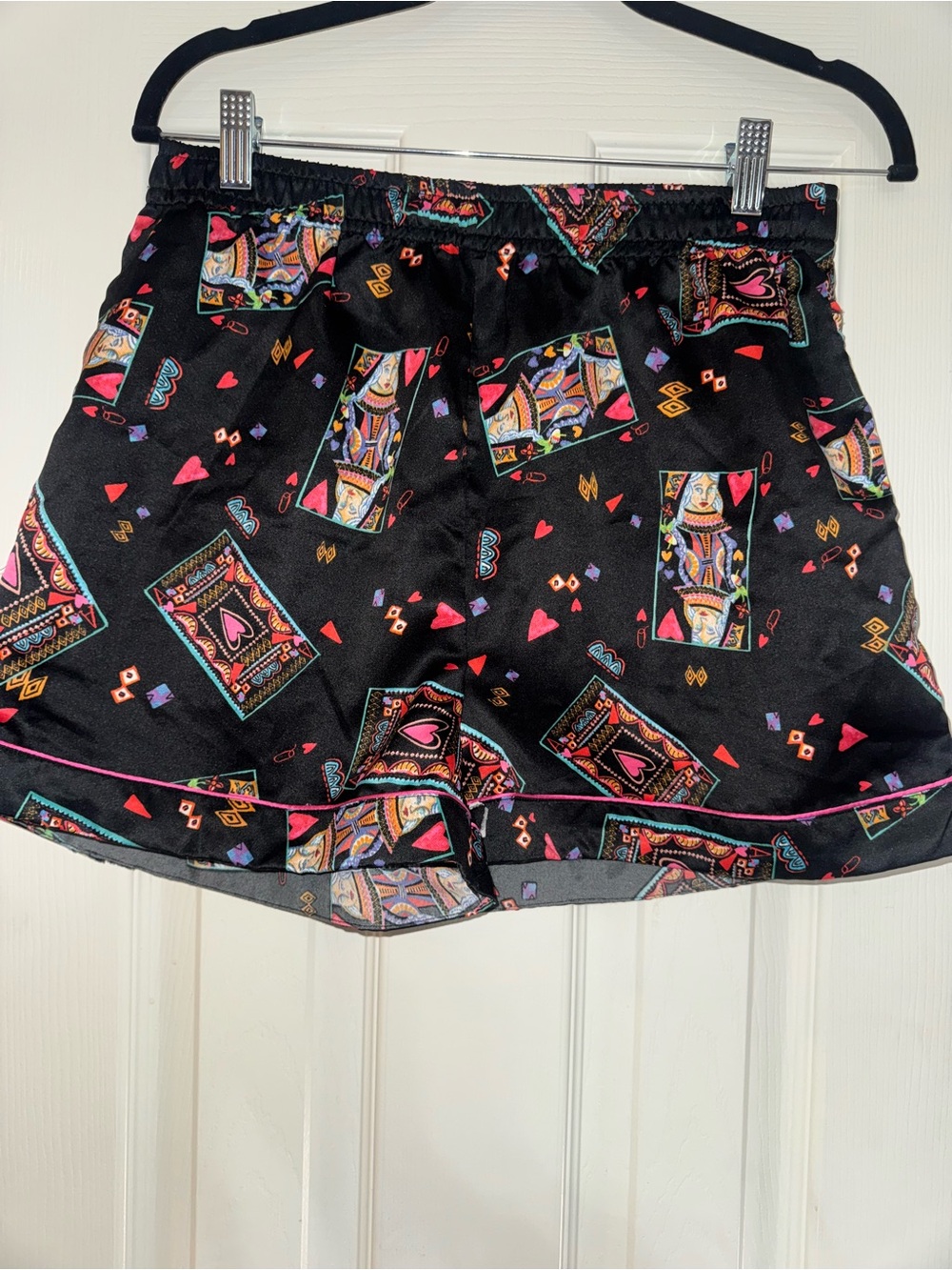 Nasty Gal Black Satin Type Shorts with Queen Of Hearts Print